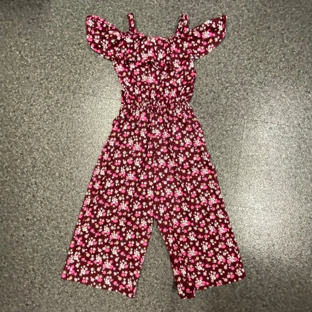 Justice Jumpsuit Kids Size S (7/8) Burgundy Excellent Floral Cold Shoulder Boho